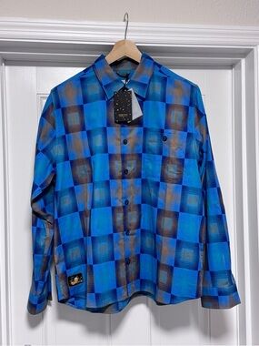 NWT Percival Razzle Check Knit Long Sleeve Shirt XL Blue Multi Organic Cotton